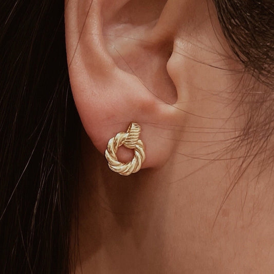 Gold plated small hoop earrings with braided rope design