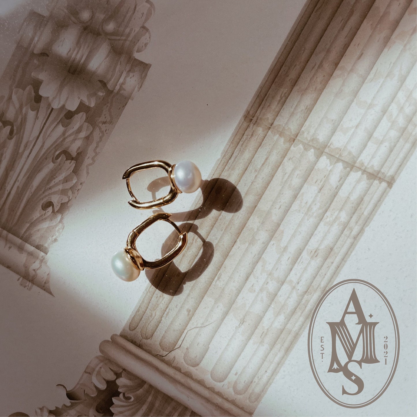 AMS Oval Rectangular French Vintage Classy Gold Pearl Earrings