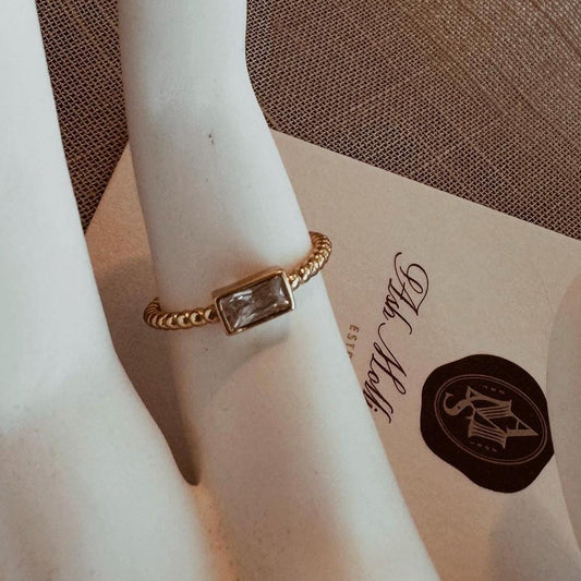 AMS French Vintage Beaded Gold Ring with Rectangular Stone