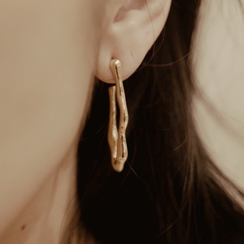 AMS French Vintage Gold  Drop Uneven Hoop Earrings 