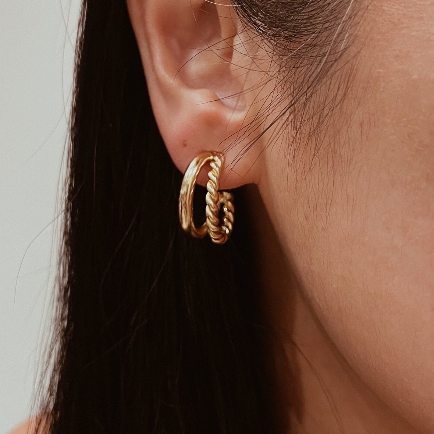 AMS French Vintage Braided Double Hoop Gold Earrings