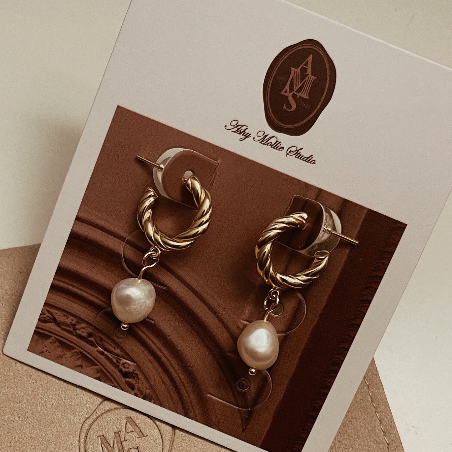 AMS French Vintage Braided Gold Hoop Earrings with Pearl