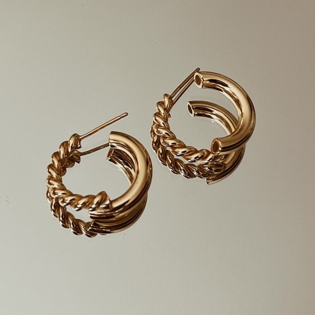 AMS French Vintage Braided Hoop Gold Earrings