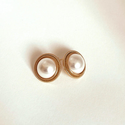 AMS French Vintage Classy Big Gold Rounded Pearl Earring Studs