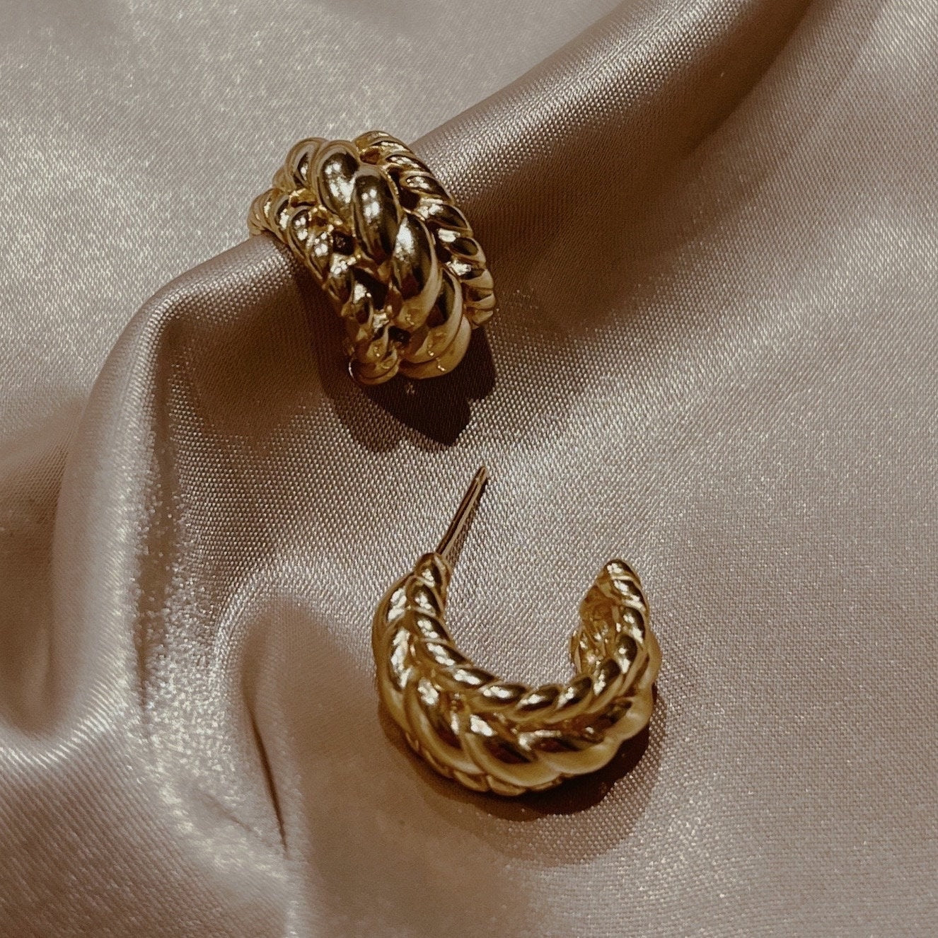 AMS French Vintage Braided Big Wide Gold Earrings