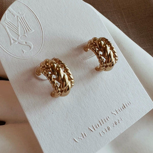 AMS French Vintage Braided Big Wide Gold Earrings